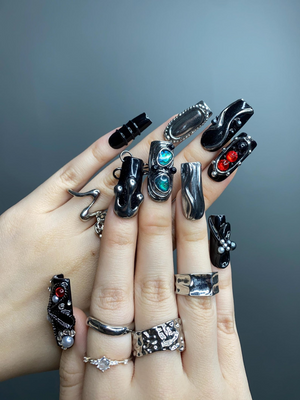Gothic Black Press On Nails | Dark Silver Nail Art with Red Stones | Handmade Luxury Nails | Statement Gift for Her | OB1255GC