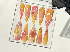 Luxury Floral Hand-Painted Press On Nails | Tropical Flower Fake nails| Floral Fantasy Nail Art | Boho Chic Style Acrylic Nails | OB637YC