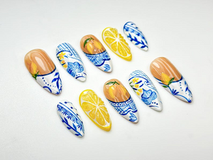 Lemon Garden Press On Nails | Blue White Floral Ceramic Nail Art | Summer Lemon Zest Nails | Fresh Fruit Nails | Fresh Nails | OC934HK