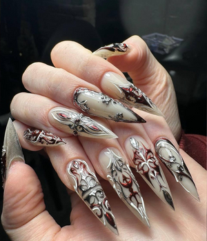 Red Silver Gothic Press On Nails | 3D Gothic Warrior Nail Art | Handmade Red Silver Metallic Nails | Dark Fantasy Armor Tips | OB803HK