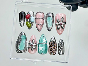 Chrome Abstract Press On Nails | Y2K Futuristic Jellybean Fake nails | Star & Flower Art Nail Art | Futuristic Y2K Chrome Nails | OB941YK