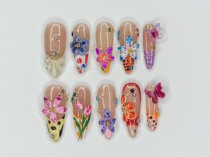 Combo Colorful Floral Press On Nails | Pastel Garden Nail Art | Flower & Butterfly Designs | Bestseller Nails | Floral Collection | OB998H
