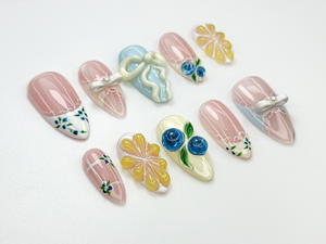 Lace French Tip Press On Nails | Blueberry Floral Nails | Kawaii Vintage Ribbon Nail Art | 3D Bow Pink Press Ons | Pastel Nails | OC886HC