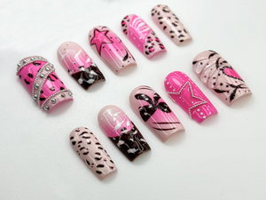 Pink Y2K Leopard Press On Nails | Rhinestone Star Design | Heart & Animal Print Nails | Bold Pink Chrome Nail Art| Trendy Y2K Nails |OC845HC