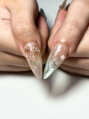 Elegant Gold Floral Cat eyes Nails | Nude Sage Blue Nails | Luxury Minimal Nails | Jasmin Flower Nails | Glossy Reusable Nails | OC339IC