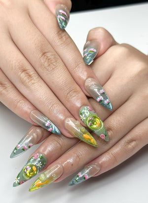 Zen Koi Pond Press On Nails | 3D Lotus Flower & Goldfish Art | Ethereal Ombre Shimmer Nails | Botanical Water Ripple Press Ons | OB361IC