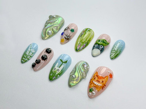 Whimsical Totoro Press On Nails | Ghibli Totoro & Friends Nail Set | Forest Spirit And Soot Sprite Set | Handmade Totoro Nail Art | OB742HC