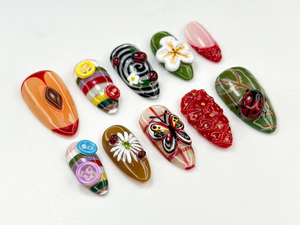 Whimsical Garden Themed Press On Nails | Cottagecore Strawberry & Button Nail Art | Vintage 3D Ladybug Nails | Forestcore Press Ons |OB824H