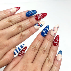 4th of July Press On Nails | Handpainted Patriotic USA Flag Almond Nails | OB398LK