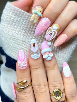 Pink Gingerbread Christmas Press On Nails | Festive Holiday Nail Art | 3D Santa & Candy Cane Nail Set | Handmade Pink Winter Nails|OB225EG