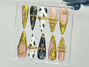 Black & Gold Luxury Press On Nails | Bold Cow Print Fake Nails | Golden Gothic Nail Art | Glam Cow Print, Cross Design Press Ons | OB919YK