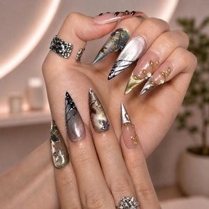 Fairycore Stiletto Press On Nails • Wedding Guest Prom Vibe • 3D Gold Chrome Vine • Butterfly Wing Cat Eye • Whimsigoth Art • OB1363DG