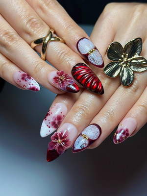 Burgundy Red Floral Press On Nails | 3D Wine Flower Nails | Dark Romantic Nail Art | Elegant Gradient Nails | Luxury Press Ons | OB324HK