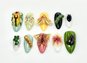 Insect Garden Fantasy Press On Nails | 3D Bug & Butterfly Nail Art | Botanical Nature Nails | Handpainted Cicada Bee Beetle Design | OB922EK
