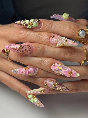 Enchanted Garden Fantasy Press On Nails | 3D Floral Nail Art | Iridescent Pink Luxury Nails | Handmade Long Sculpted Nails | OB190EC