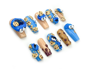 Cookie Monster Press On Nails | 3D Cookie & Monster Nail Art | Funny Blue Cartoon Nail Set | Handmade Pop Culture Nails | OB1048EC