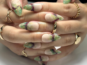 Mystic Jade Marble Press On Nails | Natural Stone-Inspired Nail Art | Elegant Green & Burgundy Veins | Unique Gemstone Press Ons | OB1059EC