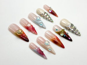 Iridescent Gradient Bubble Press On Nails | Glassy Chrome Pearl Accents | Color Fade Stiletto Nails | Chrome Bubble Nail Art | OC785HC