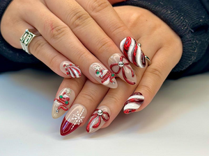 Christmas Candy Cane Press On Nails by DoryNails | Red Chrome Bow & Snowflake Nail Art | Holiday Party Nails | Gift for Her | OB1188BC