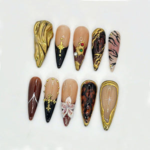Glamorous Golden Press On Nails | Tortoise Shell And Gold Accents | Handcrafted Luxury Nails | Elegant Handmade Set | OB573HK