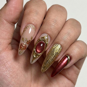Press On Nails Adhesive Tabs – Nude Burgundy Gold Heart & Rose Chrome Long Stiletto Handmade Fake Nails for Luxury Romantic Look | OB25L