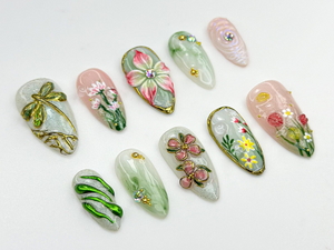 Elegant Flower Garden Press On Nails | 3D Wildflower & Dragonfly Nails | Nature-Inspired Floral Nail Art | Elegant Spring Press Ons |OC816HC