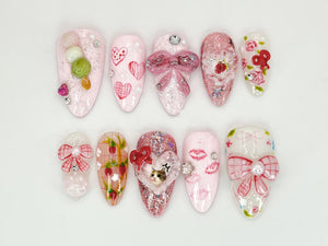 Pink Bow Romance Press On Nails | Cat, Heart & Ribbon Themed Nail Art | Custom Cat Nail Designs | Cute and Sparkly Pet Nail Art | OC556HC