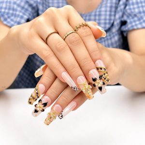 Cheetah Leopard Print Fake Nails • Gold Cross Pearl Charm Coffin Shape • Reusable Glue On Nails • Vacation Party Gift for Her • OB438ZG