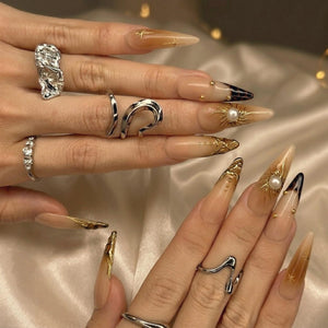 Gold Sun Pearl Press On Nails | Shiny Jelly Brown Nails | Luxury Gold Swirl Art | Bold Party Night | Elegant Prom Wedding Set | OB95DK