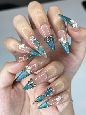 Teal Cat-Eye & 3D White Bloom Nails | Antique Gold Chrome Accents | Luxury Botanical Magnetic Stiletto Art | Elegant Nails | OB379IK