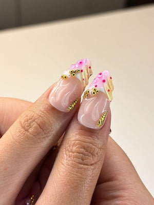3D Pink Hibiscus & Seashell Nails | Tropical Floral Summer Press Ons | Luxury Gold Studded Mermaid Stiletto Art | Pink Ombre Nails| OB1342IC