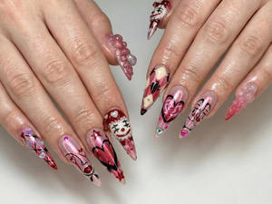 Gothic Valentine Clown Heart Press On Nails for Dark Romance Girls, Handmade Long Pink Chrome Fake Nails, Alternative Love Nail,OB278EC