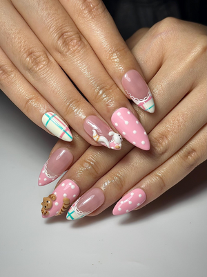 Cute Cat Pink Press On Nails | 3D Kitty Nail Art | Kawaii Pastel Plaid Nails | Handmade Character Nails | Soft Girl Cat Press Ons | OB323HC