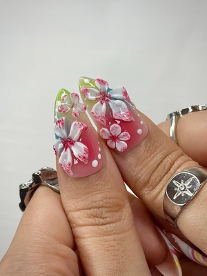 Midnight Sun Press On Nails for Y2K Lovers | Sunset Ombre Rainbow Nails with 3D Floral Art | 90s Nail Design | Artistic Press Ons | OB290HC