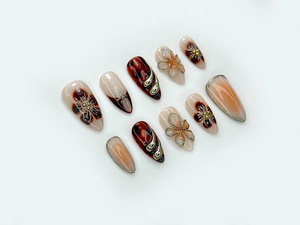 Autumn Tortoiseshell Blossom Press On Nails | Brown Nude Gradient Nail Art | 3D Floral & Metallic Accents | Elegant Long Nail Set | OB178EC