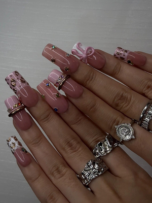 Blush Pink Leopard Press On Nails for Luxury Nail Lovers | Nude Pink Nails with 3D Bow Accent| Leopard French Tips with Gold Detail| OB288HC