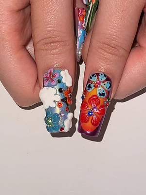 Midnight Sun Press On Nails for Festival | Colorful 3D Flower Nails | Festival Nail | Tropical Summer Luxury Nails | Artistic Nails| OA300HC