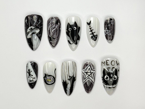Alien Cat-Themed Press-On Nails | Cute Creepy Goth Nail Art | Cat Alien Aesthetic | Black Cat & Star Nail Set | Horror Nails | OB736HC
