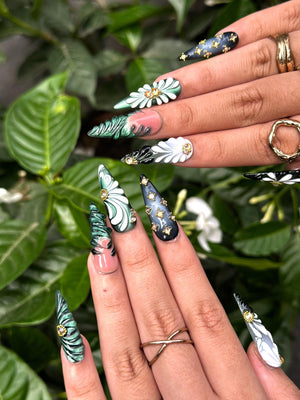 Green Black Press On Nails with 3D Floral and Gold Detail | Elegant Botanical Nails in Almond Shape | Luxury Nails | OB356NC