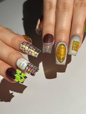Abstract Texture Press On Nails, Mixed Media Artisan Nails with 3D Foliage, Handcrafted Gemstone and Mosaic Tile Reusable Nails, OB306HC