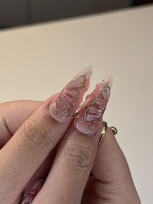 Gold Butterfly & Lily Nails | Pink Fairycore Press Ons | Luxury Floral Celestial Stiletto Art | Royal Fairy Nails | OB386IC