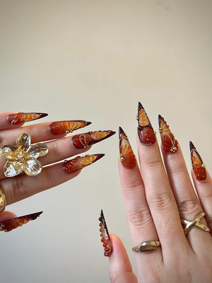 Amber Fall Press On Nails | Brown & Gold Ombre Nail Art | 3D Swirl Nails | Luxury Long Stiletto Nails | Elegant Glam Press Ons | OB174HC