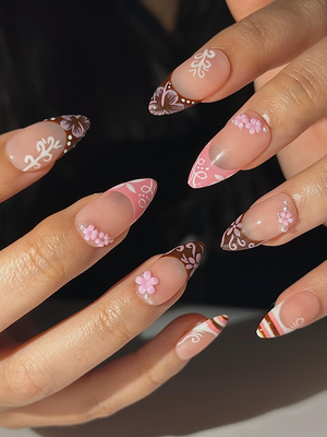 Pink Brown Floral Press On Nails | Cute Pink Nail Art | Sweet Dessert Inspired Nails | 3D Flower Nail Set | Handmade Press Ons | OC1298HK