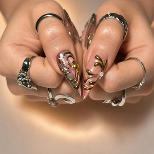 Fairycore Stiletto Press On Nails • Wedding Guest Prom Vibe • 3D Gold Chrome Vine • Butterfly Wing Cat Eye • Whimsigoth Art • OB1363DG