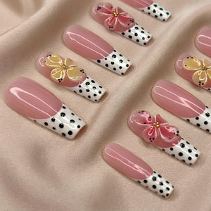 Retro Polka Dot Press On Nails | 3D Floral French Tip | Y2K Pastel Summer Nails | Bold Party Vacation | Custom Shape Handmade Set | OB1353DK