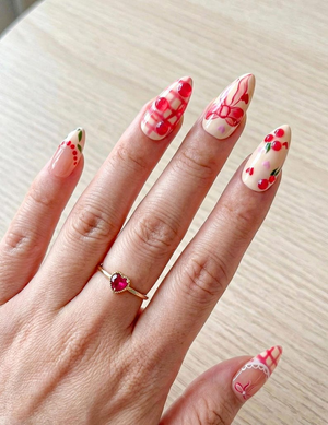 Press On Nails Adhesive Tabs – Cherry Heart & Pink Ribbon Nude Press On Nails, Handmade Valentine Fake Nails Sweet Romantic Nail Art | OB24L
