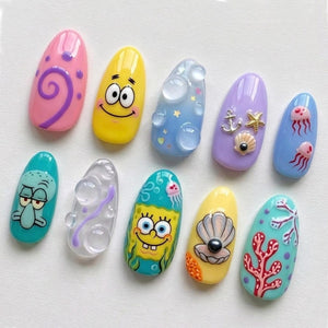 SpongeBob Press On Nails Summer Handpainted Cartoon Patrick Star Squidward Custom Fake Nails 3D Water Bubble Jellyfish Summer Nails | OB412L