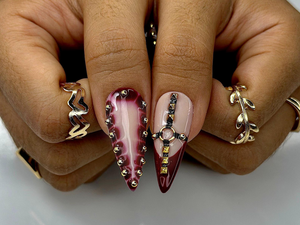 Gothic Punk Press On Nails | Red Marble & Studded Spiked Nail Art | Handmade Long Stiletto Nails | OC993EP