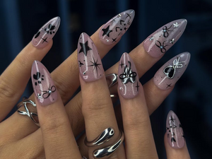 Bengals Cat Press On Nails | Holiday Chrome Pink Nails | Cute Bow & Stars Nail Art | Christmas Gift for Her | Mystic Winter Cat Press On Nails OB1182BC