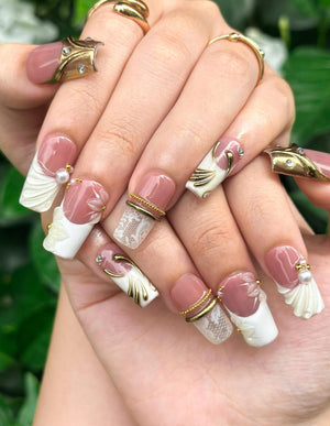 Royal Balletcore Press On Nails | Luxury Pearl Bow Fake Nails | Handpainted Gold French Tip Nails |Elegant Bridal Nails Reusable | OB343IC